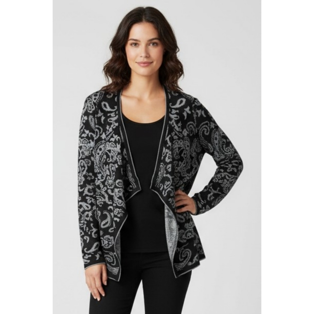 Valerie Stevens Paisley/Floral Open Front Cardigan Black & Gray Size XL